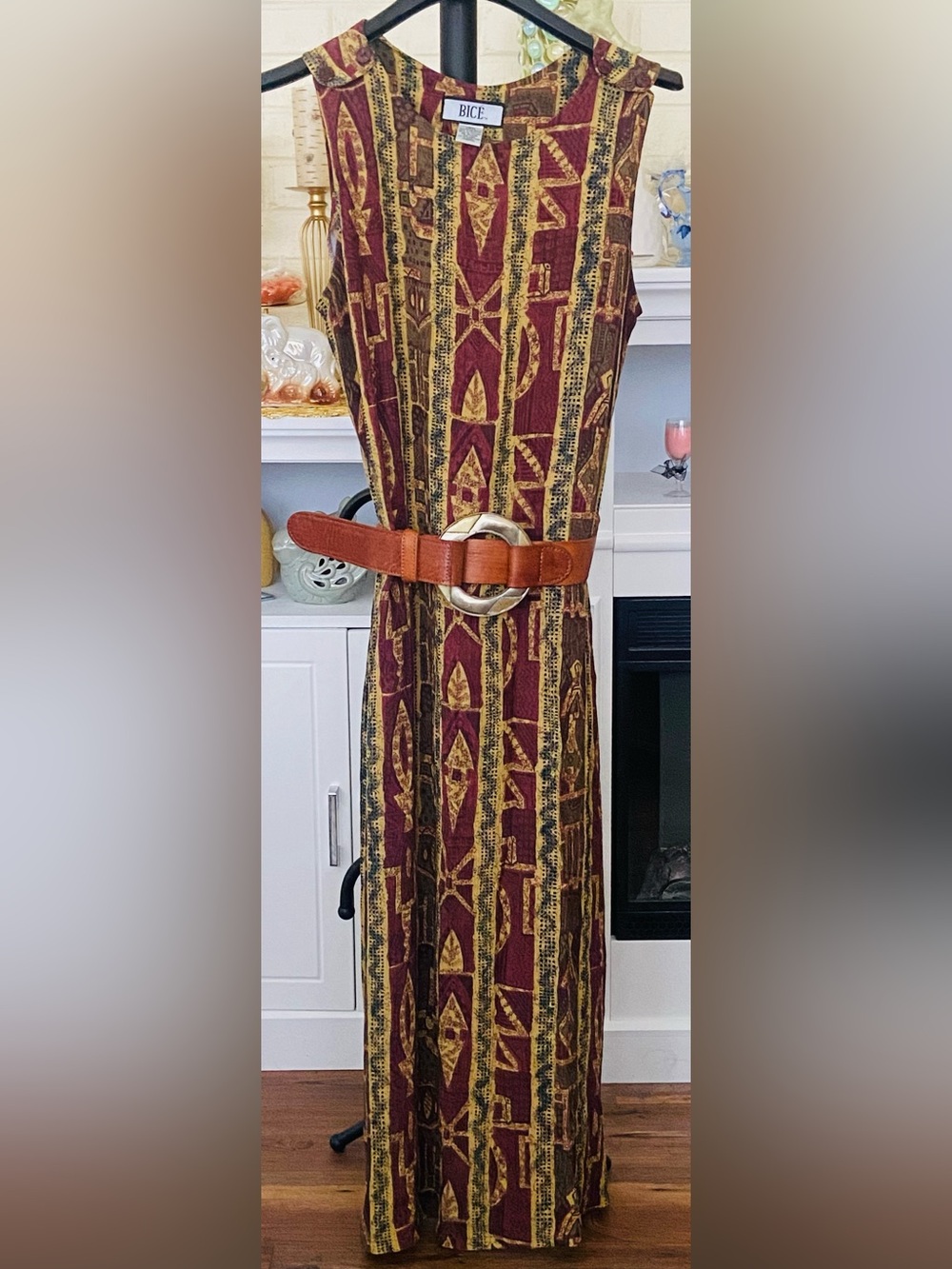 Burgundy and Mustard Tribal Print Maxi Dress (Brown Belt not included)